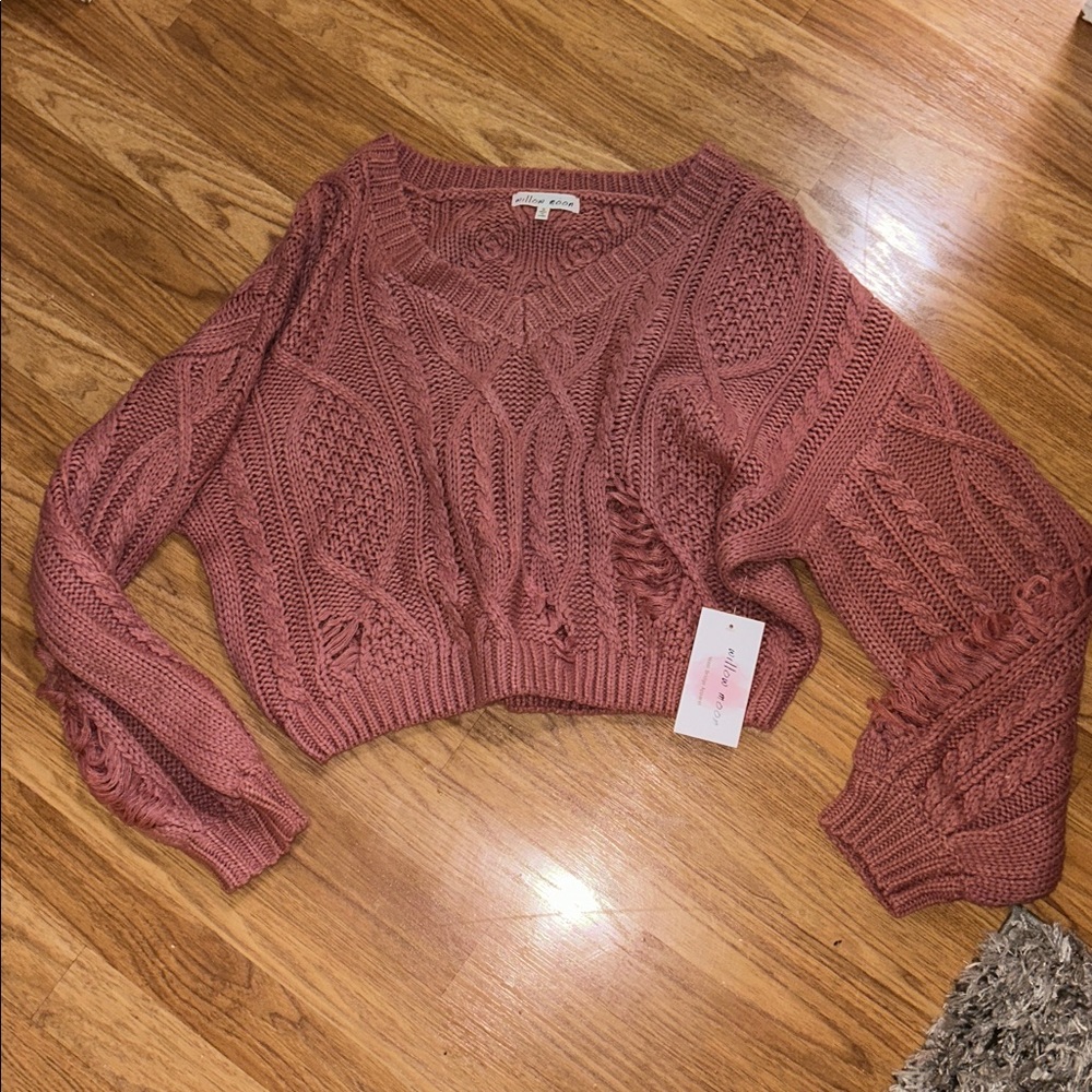 Willow Dusty Rose Cable Knit V-Neck Sweater - Picture 2 of 7